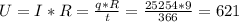 U=I*R= \frac{q*R}{t}= \frac{25254*9}{366}=621