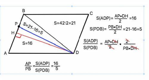 Площадь параллелограмма abcd равна 42. на стороне ab взята точка p так, что площадь треугольника apd