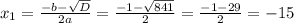 x_{1}=\frac{-b-\sqrt{D}}{2a}=\frac{-1-\sqrt{841}}{2}=\frac{-1-29}{2}=-15