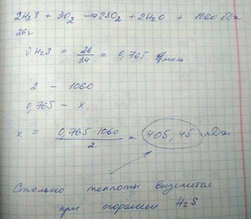 Используя уравнение реакции 2h2s+3o2-> so2+h2o + 1060 кдж вычислите сколько теплоты выделяется пр