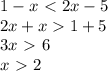 1 - x \ \textless \ 2x -5\\ 2x + x 1 +5\\3x \ \textgreater \ 6\\&#10;x\ \textgreater \ 2