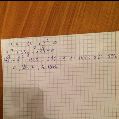 Решить уравнение 144+24y+y ( y во второй степени)=0