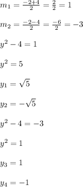 m _{1} = \frac{-2 + 4}{2} = \frac{2}{2}=1\\\\m _{2} = \frac{-2-4}{2}= \frac{-6}{2}=-3\\\\y ^{2} - 4 = 1\\\\y ^{2} = 5\\\\y _{1}= \sqrt{5}\\\\y _{2}=- \sqrt{5}\\\\y ^{2}-4=-3\\\\ y^{2}=1\\\\y _{3}=1\\\\y _{4} =-1