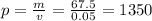 p= \frac{m}{v} = \frac{67.5}{0.05} = 1350