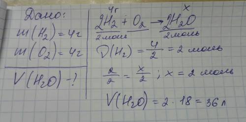 Смешали 4г водорода и 4 г кислорода. определите, какой объем займет полученная смесь при нормальных