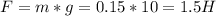 F=m*g=0.15*10=1.5 H