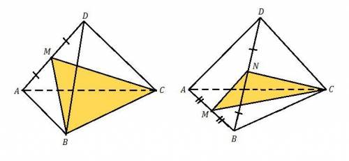 Побудуйте переріз піраміди abcd площиною, що проходить через 1) точки c і в та середину ребра ab 2)
