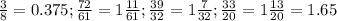 \frac{3}{8}=0.375; \frac{72}{61}=1 \frac{11}{61}; \frac{39}{32} = 1\frac{7}{32}; \frac{33}{20}= 1\frac{13}{20}=1.65