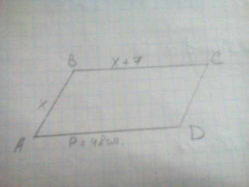 Периметр параллелограмма равен 48 а одна из его сторон на 7 больше другой