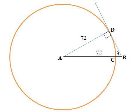 На отрезке ab выбрана точка c так что ac=72 и bc=3. построена окружность с центром a, проходящая чер