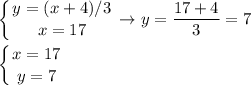 \displaystyle \left \{ {{y=(x+4)/3} \atop {x=17}} \right. \to y= \frac{17+4}{3}=7 \\ \\ \left \{ {{x=17} \atop {y=7}} \right.