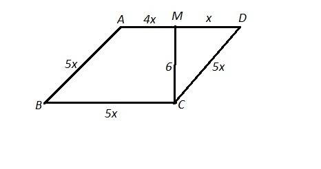 Высота ромба 6. она делит противоположную сторону ad точкой m в отношении am: md= 4: 1. найдите площ