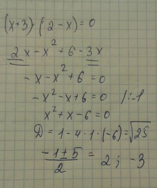 (х плюс 3) умножить (2 минус х)равно 0