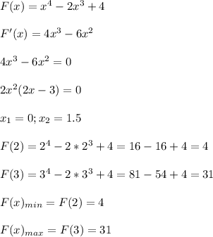 F(x)=x^4-2x^3+4 \\\\ F'(x)=4x^3-6x^2 \\\\ 4x^3-6x^2=0 \\\\ 2x^2(2x-3)=0 \\\\ x_1=0; x_2=1.5 \\\\F(2)=2^4-2*2^3+4=16-16+4=4 \\\\ F(3)=3^4-2*3^3+4=81-54+4=31 \\\\ F(x)_{min}=F(2)=4 \\\\ F(x)_{max}=F(3)=31