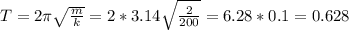 T=2 \pi \sqrt{ \frac{m}{k} } = 2*3.14 \sqrt{ \frac{2}{200} } = 6.28*0.1= 0.628
