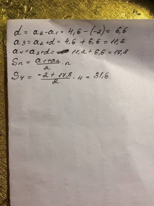 Вычисли следующие два члена арифметической прогрессии и сумму первых четырёх членов, если a1=-2 и a2