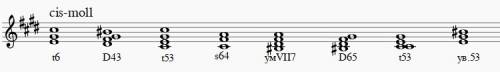 Постройте, в до диез миноре (cis-moll) аккорды: t6, d43, t53, s64, умvii7, d65, t53, ув53. заранее!