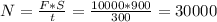 N= \frac{F*S}{t} = \frac{10000*900}{300} = 30000