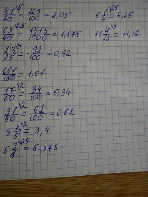 Переведите в десятичную дробь. 41/20; 63/40; 23/25; 101/100; 17/50; 31/50; 3 2/5; 5 3/8; 6 1/4; 11 4