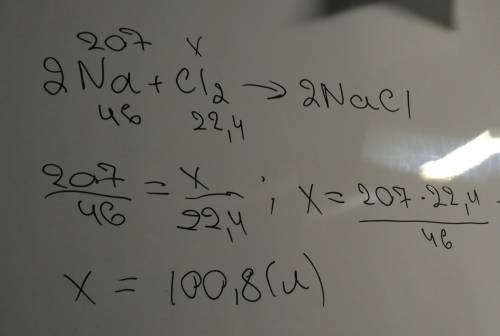 Какой объём хлора потребуется для реакции с 207 г натрия? na+ cl2= nacl