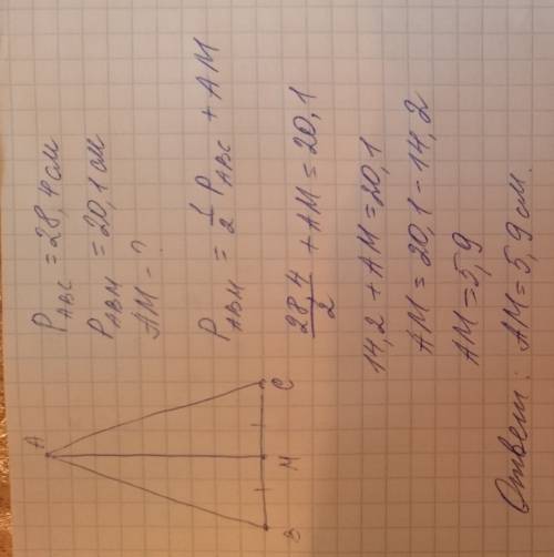 Вравнобедренном треугольнике abc с основанием bc проведена медиана am. найдите медиану am, если пери