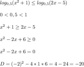 log _{0,5}( x^{2} +1) \leq log _{0,5}(2x-5)\\\\0\ \textless \ 0,5\ \textless \ 1\\\\ x^{2} +1 \geq 2x-5\\\\ x^{2} -2x+6 \geq 0\\\\ x^{2} -2x +6=0\\\\D=(-2) ^{2} -4*1*6=4-24=- 20&#10;