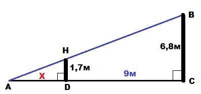 Человек ростом 1.7 м на расстоянии 9 м от столба на каком висит фонарь на высоте 6,8 м найдите длину