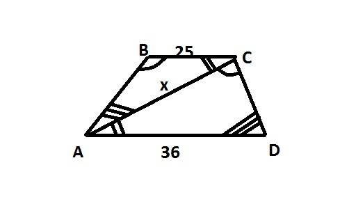 Основания трапеции равны 36 мм и 25 мм. одна из диагоналей разбивает эту трапецию на два подобных тр