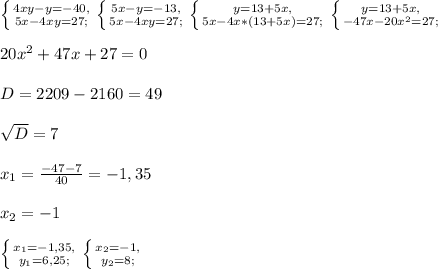 \left \{ {{4xy-y=-40,} \atop {5x-4xy=27;}} \right. \left \{ {{5x-y=-13,} \atop {5x-4xy=27;}} \right. \left \{ {{y=13+5x,} \atop {5x-4x*(13+5x)=27;}} \right. \left \{ {{y=13+5x,} \atop {-47x-20x^2=27;}} \right. \\ \\&#10;20x^2+47x+27=0 \\ \\ &#10;D=2209-2160=49 \\ \\ &#10; \sqrt{D}=7 \\ \\&#10;x_{1}=\frac{-47-7}{40}=-1,35 \\ \\&#10;x_{2}=-1 \\ \\ &#10; \left \{ {{ x_{1}=-1,35,} \atop {y_{1}=6,25;}} \right. \left \{ {{x_{2}=-1,} \atop {y_{2}=8;}} \right. \\ \\