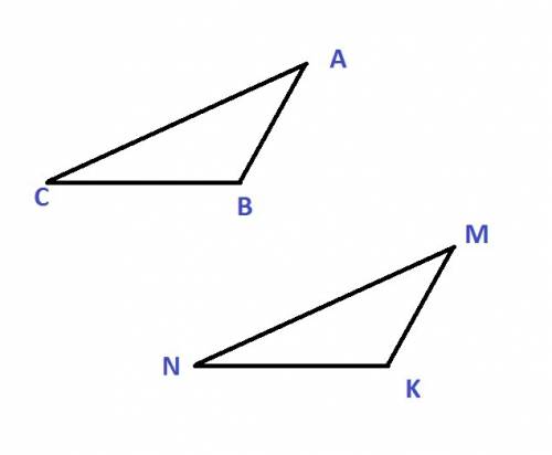 Втреугольнике abc: угол a = 32; градуса угол b = 100 градусов. в треугольнике mnk: угол n = 48; град