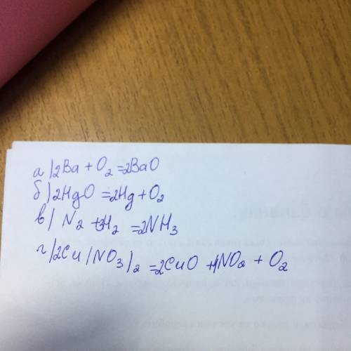 Іть рівняння реакцій за схемами а)ba+o2=bao б)hgo=hg+o2 в)n2+h2=nh3 г)cu(no3)2=cuo+no2+o2