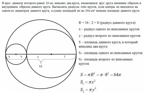 Вкруг, диаметр которого равен 16 см, вписано два круга, касающихся друг друга внешним образом и внут