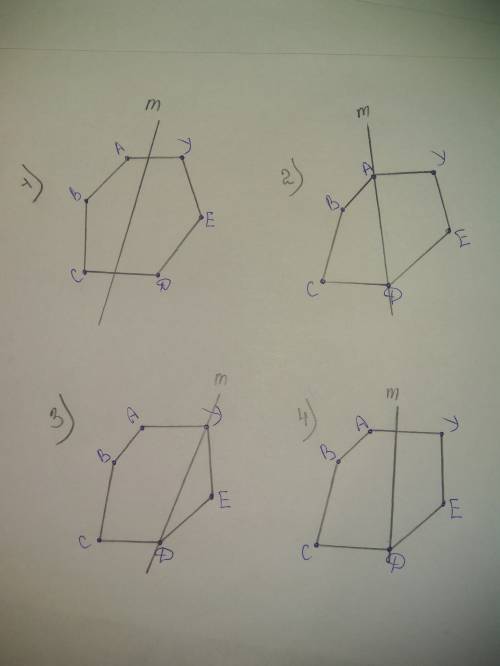 Построй 4 шестиугольника.проведи прямую m так,чтобы она разбила шестиугольник: 1)на 2 пятиугольника;