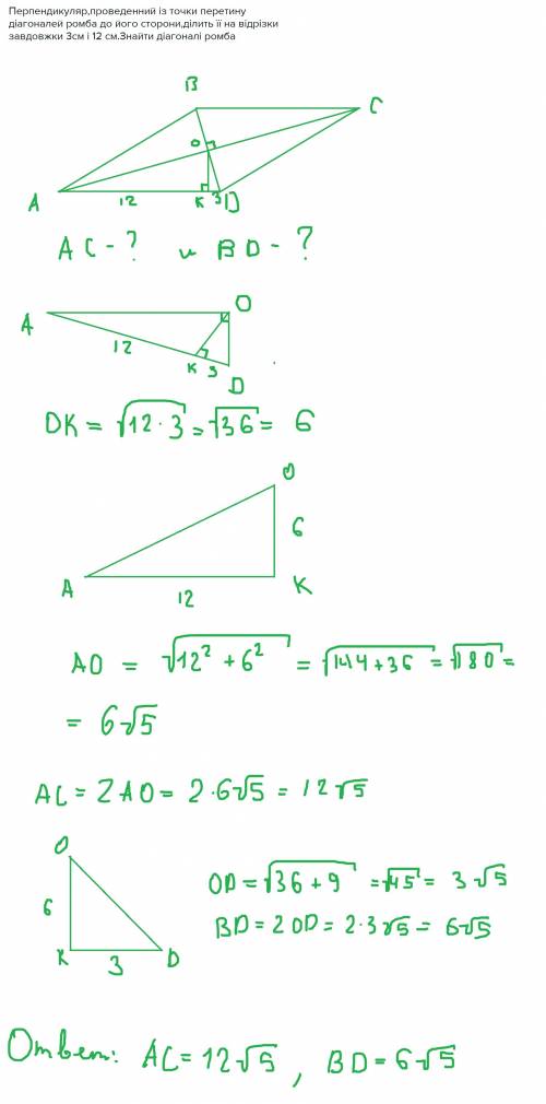 Перпендикуляр,проведенний із точки перетину діагоналей ромба до його сторони,ділить її на відрізки з