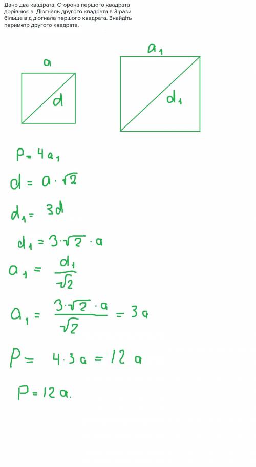 Дано два квадрата. сторона першого квадрата дорівнює а. діогналь другого квадрата в 3 рази більша ві
