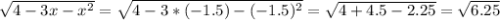 \sqrt{4-3x- x^{2} } = \sqrt{4-3*(-1.5)- (-1.5)^{2} }= \sqrt{4+4.5-2.25}= \sqrt{6.25}
