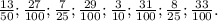 \frac{13}{50}; \frac{27}{100}; \frac{7}{25}; \frac{29}{100}; \frac{3}{10}; \frac{31}{100}; \frac{8}{25}; \frac{33}{100}.