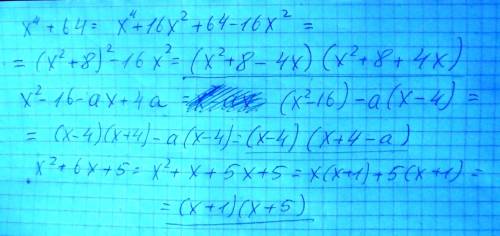 Разложите на множители многочлен х^4+64 , х^2-16-ах+4а и х^2+6х+5 за !