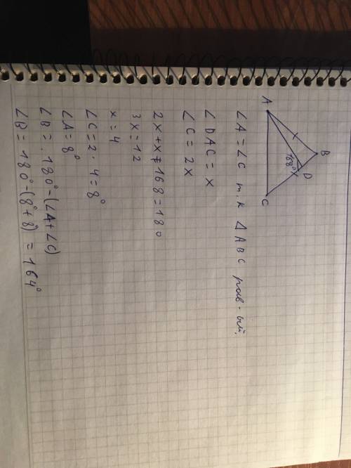 Вравнобедренном треугольнике abc, с основанием ac проведена биссектриса ad. найдите угол b, если ∠ad