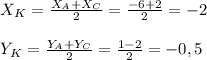 X_K= \frac{X_A+X_C}{2} = \frac{-6+2}{2} =-2 \\ \\ Y_K= \frac{Y_A+Y_C}{2} = \frac{1-2}{2} =-0,5