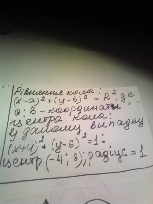 Знайдіть координата центра кола рівняння якого (x+4)2+(y-6)2=1