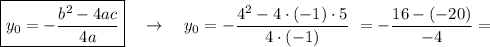 \boxed{y_0 = - \dfrac{b^2-4ac}{4a}} \ \ \ \rightarrow \ \ \ y_0 =- \dfrac{4^2-4\cdot(-1)\cdot5}{4\cdot(-1)} \ =- \dfrac{16-(-20)}{-4}=