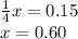 \frac{1}{4} x = 0.15 \\ x = 0.60