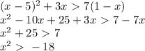 (x-5)^2+3x\ \textgreater \ 7(1-x)&#10;\\x^2-10x+25+3x\ \textgreater \ 7-7x&#10;\\x^2+25\ \textgreater \ 7&#10;\\x^2\ \textgreater \ -18