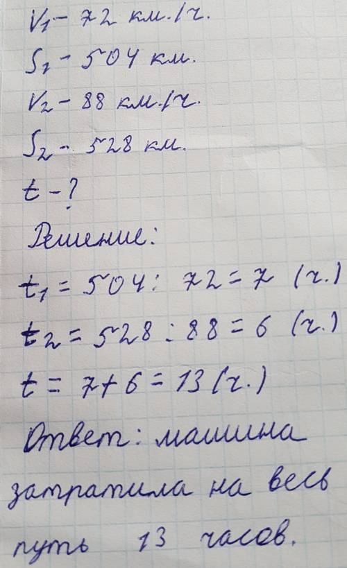 Реши . машина проехала первые 504км со скоростью 72км/ч,а следующие 528км-со скоростью 88 км/ч. скол