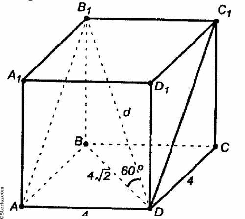 Диагональ правильной четырёхугольной призмы равна 8 корней из 2 и наклонена к основанию под углом 60
