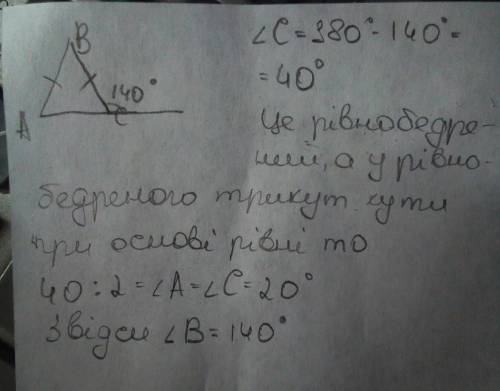 Знайдить кути рівнобедреного трикутника ,якщо зовнішній кут 140 градусів