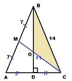 Треугольник авс равнобедренный, ав = вс = 14, медиана см равна 11. высота вd пересекает медиану см в
