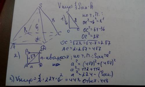 Решить в правильной четырёхугольной пирамиде высота равна 6,боковое ребро =8. найти v пирамиды