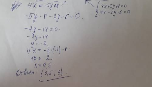 Найдите точку пересечения прямых,заданных уравнениями: 4х+5у+8=0, 4х-2у-6=0